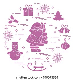 Santa Claus with presents and other New Year and Christmas symbols. Winter elements made in line style.