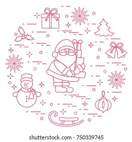 Santa Claus with presents and other New Year and Christmas symbols. Winter elements made in line style.