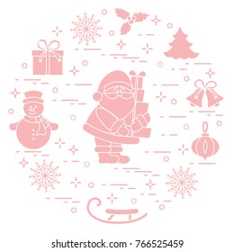 Santa Claus with presents and other New Year and Christmas symbols. Winter elements made in line style.