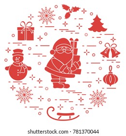 Santa Claus with presents and other New Year and Christmas symbols. Winter elements made in line style.