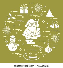 Santa Claus with presents and other New Year and Christmas symbols. Winter elements made in line style.