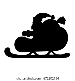 Santa Claus with presents riding in sleigh. Christmas symbol. Black on white isolated graphic silhouette. Vector picture for design.