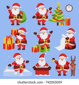 Santa Claus with presents set of icons Christmas symbol with tree, present gifts, snow or deer. Vector illustration with Farher Frost isolated on blue