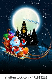 Santa Claus with presents in a sleigh flying across the night starry sky on a background of full moon and the dark silhouette of the castle. Vector. Illustration. Happy New Year and Merry Christmas