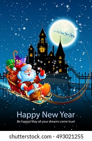 Santa Claus with presents in a sleigh flying across the night starry sky on a background of the full moon and the dark silhouette of the castle. Vector. Illustration.