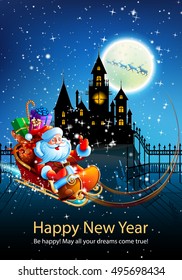 Santa Claus with presents in a sleigh flying across the night starry sky on a background of the full moon and the dark silhouette of the castle. Vector. Illustration.