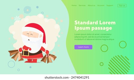 Santa Claus with presents. Vector illustration of cartoon Santa holding paper packets on background with snowflakes. Christmas, holiday, festival concept for banner, landing page