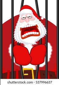 Santa Claus prisoner. Christmas in prison. Window in prison with bars. Bad Santa criminal. New year is canceled. Jail break
