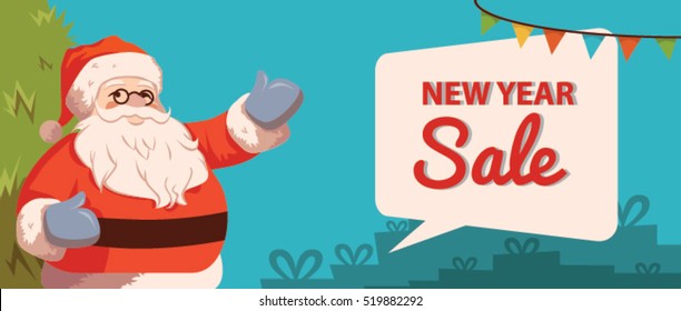 Santa Claus Promoting New Year Sale – Festive Web Banner Illustration with Holiday Discounts and Cheerful Winter Design