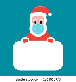 Santa Claus in protective facemask holding white board. Vector illustration