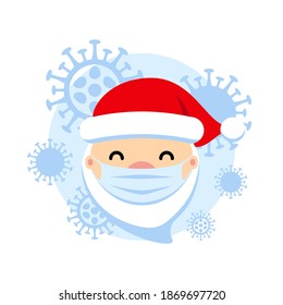 Santa Claus with protective mask and corona virus vector illustration. COVID - 19 Christmas cute flat symbol. Pandemic coronavirus New Year 2021 concept