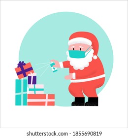 Santa Claus in protective mask disinfects pile of gifts with spray sanitizer. Vector flat illustration