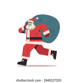 santa claus in protective mask running with sack full of gifts happy new year merry christmas holidays celebration concept full length vector illustration