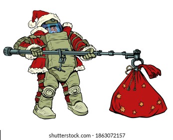 Santa Claus in a protective suit and gifts. Christmas and New year. Fairy tale character humorous illustration. Pop art retro illustration vintage kitsch 50s 60s style