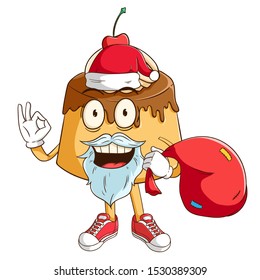 Santa claus of pudding custard cartoon character carry a red bag with ok hand sign and funny smile face