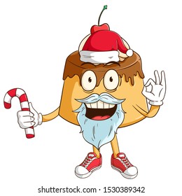 santa claus of pudding custard cartoon character, holding a candy with funny smile face