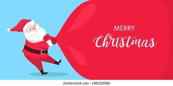 Santa Claus pulling bag with gifts. Santa Claus presents. Flat style. Vector