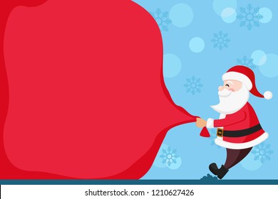 Santa Claus is pulling a big bag of gifts.