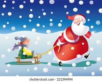 Santa Claus pulling a child sledging while it snows illustration chrismas calendar greetings postcard