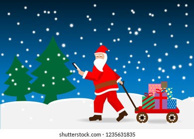 santa claus pulling gift box cart in snow fall