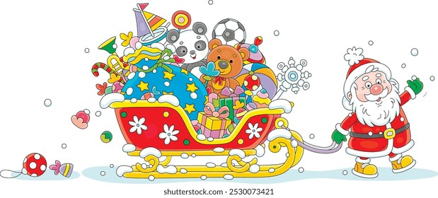 Santa Claus pulling his magic sleigh full of Christmas gifts for little children, vector cartoon illustration isolated on a white background