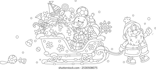 Santa Claus pulling his magic sleigh full of Christmas gifts for little children, black and white outline vector cartoon illustration for a coloring book