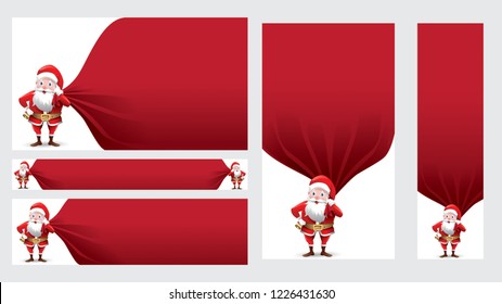 Santa Claus pulling huge bag of gifts or present. blank advertisement banner background with copy space for text promo, discount offer, car, poster, invitation isolated on white background