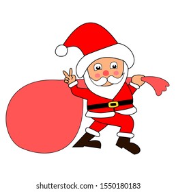 Santa Claus pulling huge bag of gifts isolated on white background, The men with v sign hand