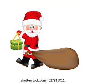 Santa Claus pulling a huge bag  full of gifts. Isolated on the white background.