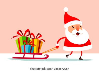 Santa Claus pulling a sled with Christmas gift box presents. Flat vector concept illustration.
