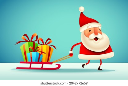 Santa Claus pulling a sled with Christmas gift box presents