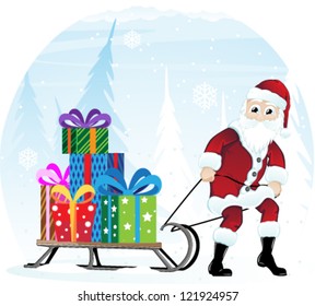 Santa Claus pulling the sleigh with bright Christmas gifts