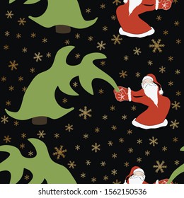 Santa Claus pulling tree, on dark background with snowflakes. Vector seamless pattern.