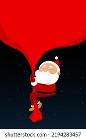 Papá Noel saca una bolsa de regalo. Ilustración vectorial.