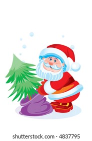 santa claus pulls a green tree from his purple bag, isolated object on a white background, vector illustration, eps