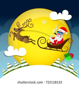 Santa Claus pulls a heavy bag full of gifts. Merry Christmas.