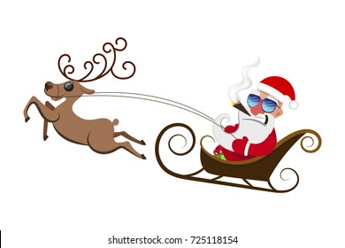 Santa Claus pulls a heavy bag full of gifts. Merry Christmas.
