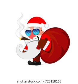 Santa Claus pulls a heavy bag full of gifts. Merry Christmas.