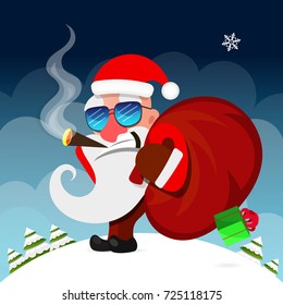 Santa Claus pulls a heavy bag full of gifts. Merry Christmas.