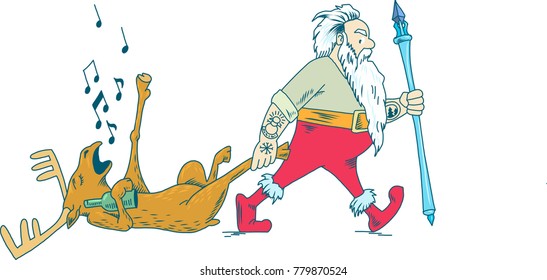 Santa Claus pulls the leg of the drunken deer