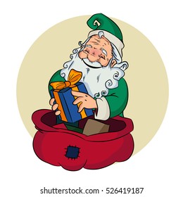Santa Claus pulls out a bag of Christmas presents. Picture made in classic cartoon style.
