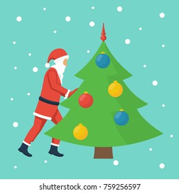 Santa Claus push christmas tree, decoration colorful balls. Merry Christmas, Happy New Year background. Vector illustration flat design. Isolated on snow background.