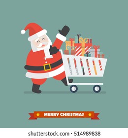 Santa claus push a shopping cart with piles of presents. Vector illustration