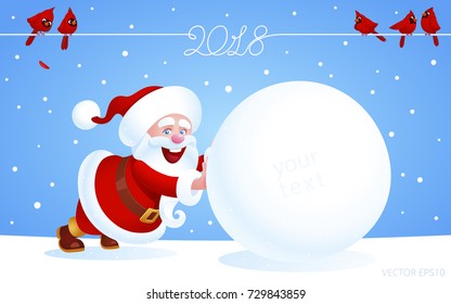 Santa Claus pushes a huge snowball on a winter field. Red Cardinal birds sitting on a wire with a calligraphic logo 2018. Blue wallpaper, banner, invitation card for New Year's events and Xmas sales.