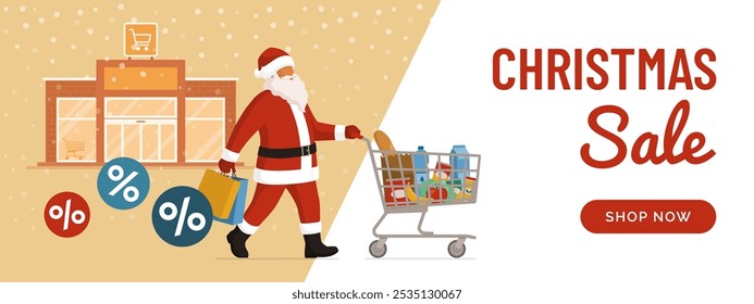 Santa Claus pushing a full shopping cart and store in the background: Christmas sale concept