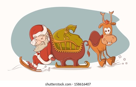 Santa Claus Pushing His Sleigh And Rudolph