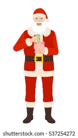Santa Claus puts banknote in a piggy bank. Santa Claus save money in piggy bank. Full length portrait of Santa Claus in a flat style. Vector illustration. 