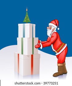 Santa Claus puts boxes with gifts under a celebratory fur pin. Vector illustration. Gradient only. No mesh.
