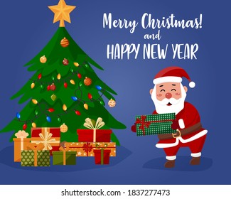

Der Weihnachtsmann gibt ein Geschenk unter den Baum. Vektorgrafik-Illustration.