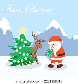 Santa Claus puts a gift under the Christmas tree behind which a deer is hiding. Winter landscape with snowy mountains.
